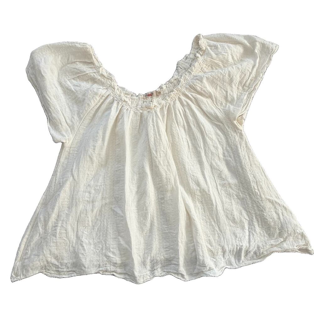 Faherty Womens Ivory Peasant Scoop Neck Organic Cotton Flax Blouse S EUC
